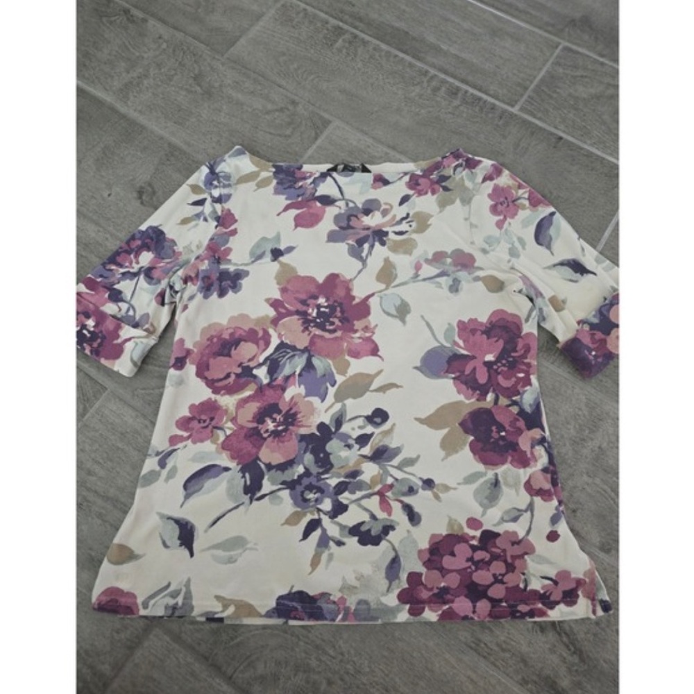 Floral Print Women's Tee - Cream with Pink & Purple Flowers